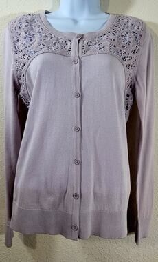 CAbi Lilac Light Purple Crochet Collar Button Up Cardigan Sweater Small Soft